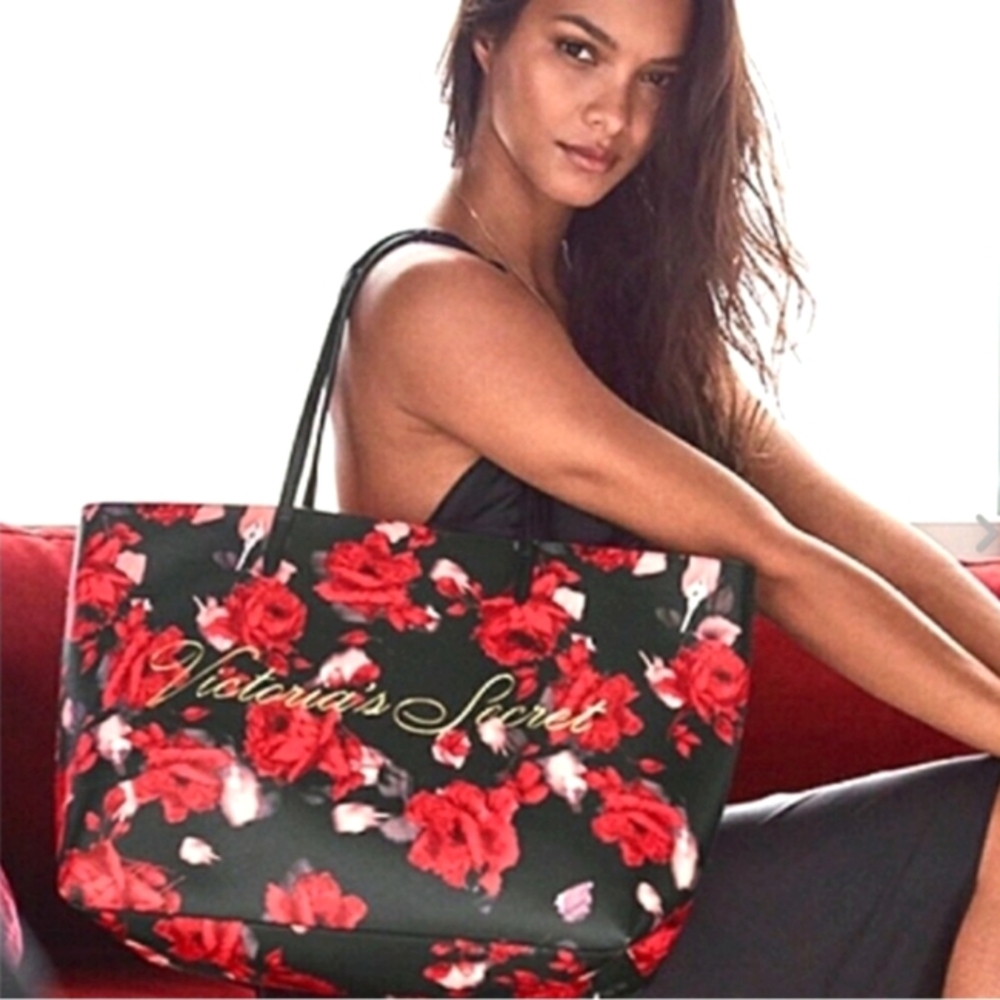 Victoria's Secret Red Black Floral Leather Classic Double Handle Tote Bag
